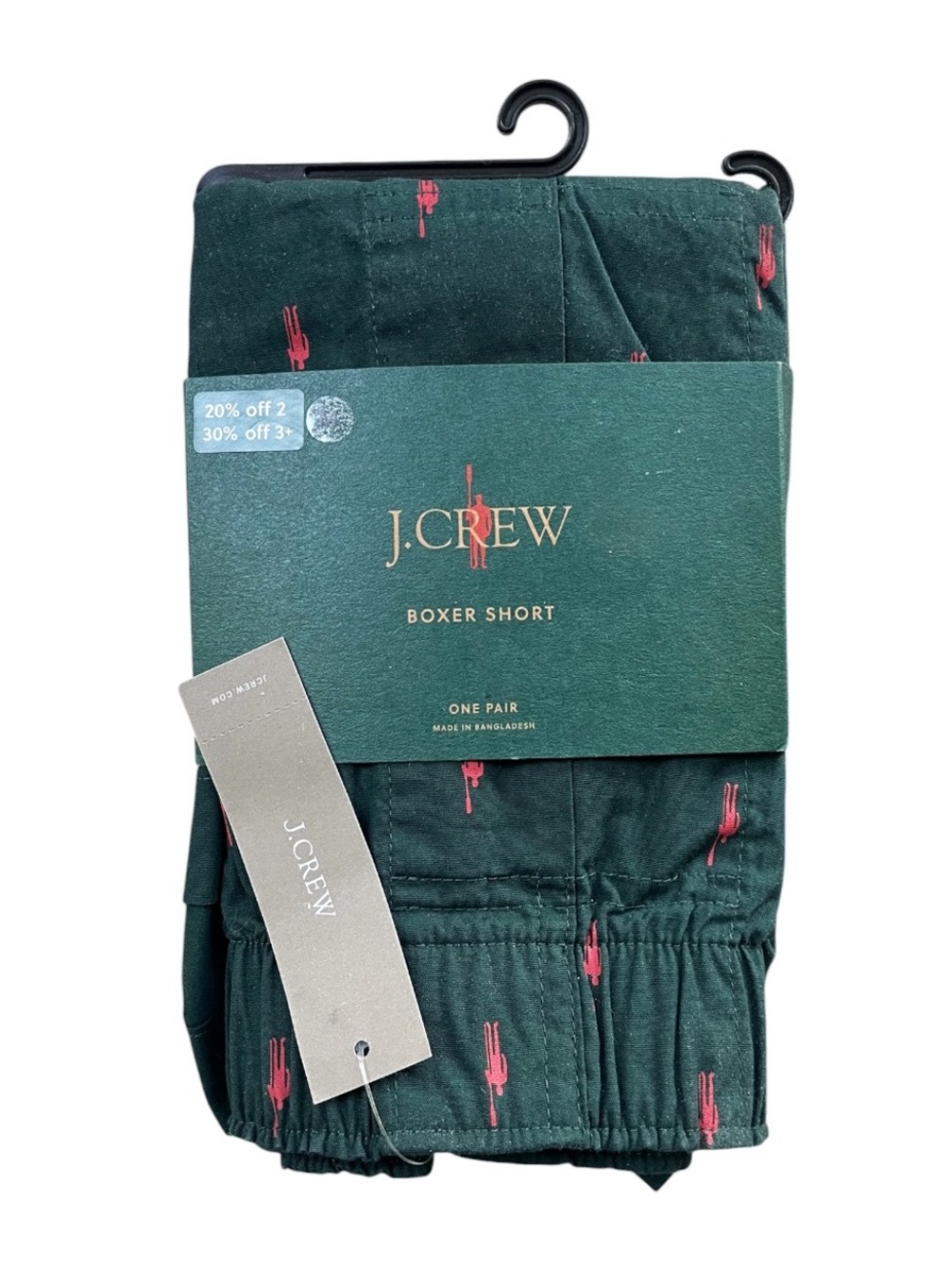 NIP J. Crew Hunter Green Boxer Shorts with Red Oarsman Print, sz Medium